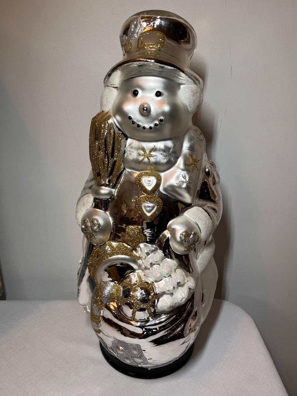 Large 17” Traditions Handpainted Blown Glass Snowman - Silver & Gold with box
